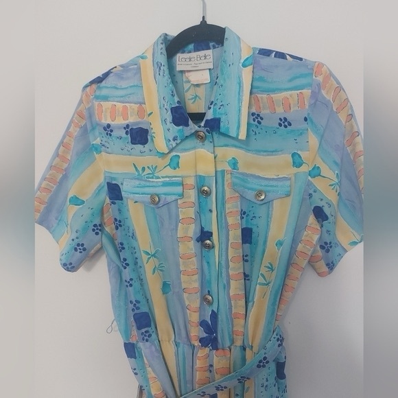 VINTAGE dress with shoulder pads and belt blue flowers - Picture 3 of 3